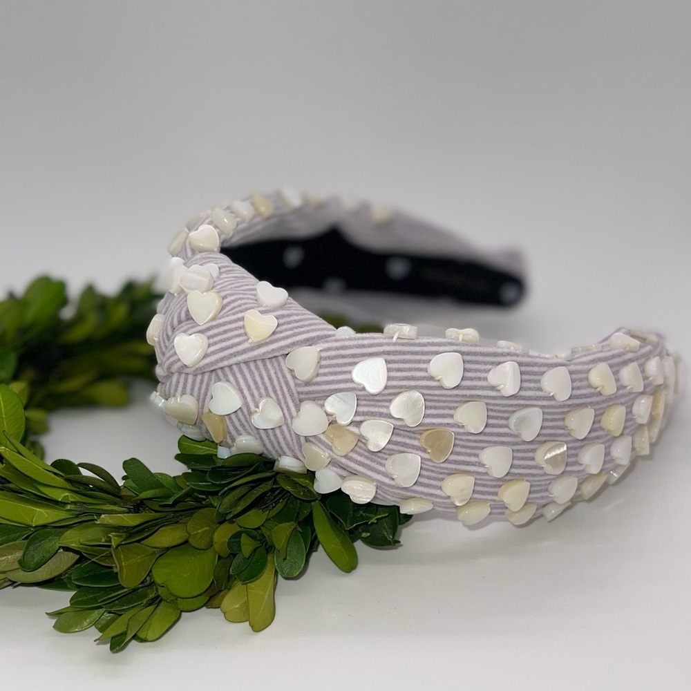 Lele Sadoughi pastel purple/white Seersucker MOP heart headband